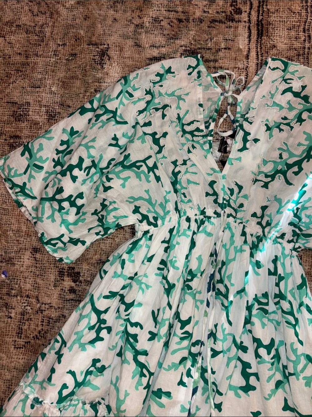 Green Coral Print Womens Dress with Tassel Tie - Picture 4 of 10